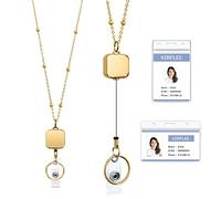 Vzrflee Retractable Badge Reel Lanyards with ID Holders[2023 New], Lanyards for ID Badges New Beaded Chain Premium Stainless Steel Lanyard Necklace for Keys Office Cruise for Women (Gold)