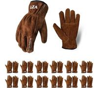VZT 12 Pairs Bulk Leather Work Gloves for Men or Women for Construction, Woodworking, Driving, Gardening, Car Repair, Soft, Cowhide Leather Thickened, Water Resistant, Brown, M
