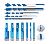 VZU 12 Piece Diamond Tile Drill Bit Set, 7 Pieces Diamond Drill Glass Drill Bit 5/6/8/10/12/14/16 mm and 5 Pieces 6/8/10/12 mm Triangle Drill Bit Set for Granite, Glass, Tiles, Steel, Concrete