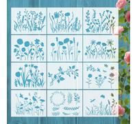 VZU 12Pcs Reusable Flower Stencils for Crafts, Nature Floral & Leaves Drawing Templates for Painting on Wood, Canvas, Fabric, Wall & DIY Art Projects, Ideal for Home Decor