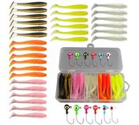 VZU 37 PCS Fishing Lures with Jig Heads, Soft Plastic Grubs with Lure Box, Soft Fishing Lures for Bass Freshwater Saltwater Crappie Trout Versatile Freshwater and Saltwater Bait