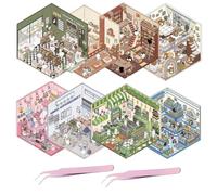 VZU 3D Sticker Scene, Sticker Scene Book, 8 Sets Creative Scene Sticker Book for Relief Stress Pass The Time, Fun DIY Stickers Scene Make Your Own Supermarket, Coffee Shop, Restaurant