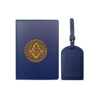 VZXATYOP Freemasonry Masonic Waterproof Travel Passport Holder Set Slim Portable PU Leather Passport Cover Protector with Luggage Tag for Women Men(Blue1)