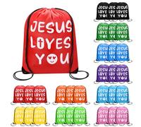 VZZNN 30 Pcs Jesus Loves You Drawstring Backpack Bulk Christian Gift Bag, Bible Drawstring Backpack Graduation Church Camp Party Favors (Multicolor)