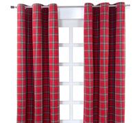 HOMESCAPES Pair of 100% Cotton Curtains - Edward Tartan Check - Red Green - 117 x drop 137 cm - 54 Inch Drop - Eyelet Ring Top Hand Woven - Heavy Not Lined
