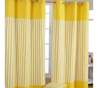 HOMESCAPES Yellow - 1” Thick Stripe - Eyelet Curtain Pair 117cm (46") Wide x 137cm (54") Drop 100% Cotton Ring Top Striped Curtains