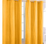 Plain Cotton Ready Made Eyelet Curtain Pair Homescapes Mustard 140cm width x 183cm drop