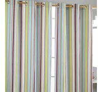 HOMESCAPES Osaka Green Stripes - Eyelet Curtain Pair 137cm (54") Wide x 182cm (72") Drop 100% Cotton Ring Top Striped Curtains