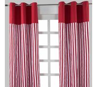 HOMESCAPES Red - 1” Thick Stripe - Eyelet Curtain Pair 137cm (54") Wide x 182cm (72") Drop 100% Cotton Ring Top Striped Curtains