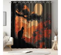 W 29.5" x L 65" Blackout Curtains Sienna, Landscape with Cat Autumn Forest Full Moon, Thermal Insulated Eyelet Pair for Bedroom, Living Room and Home Cinema, Room Darkening Privacy Protection