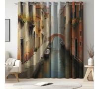 W 46" x L 90" Blackout Curtains Warm, Coastal with Canal Architecture Stone Bridge, Thermal Insulated Eyelet Pair for Bedroom, Living Room and Home Cinema, Room Darkening Privacy Protection