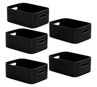 W&H 5 PCS Plastic Storage Baskets, Medium Cupboard Storage Boxes with Handle, Rectangular Home & Kitchen Organiser, Plastic Baskets for Shelves, Bathroom, Kitchen and Office - 25×17×10cm (Black)