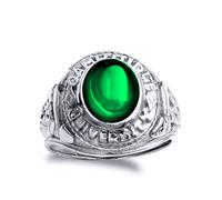 (W) Jewelco London Mens Rhodium Plated Sterling Silver Green Oval Cubic Zirconia Cabochon College Signet Ring