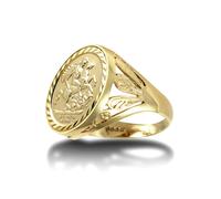 (W) Jewelco London Men's Solid 9ct Gold Welsh Feather St George & Dragon Medallion Ring (Half Sov Size)