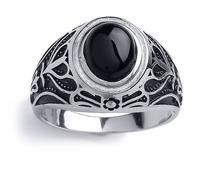 Jewelco London Men's Silver Black Oval Onyx Carved Cabochon Signet Ring | Size: W Jewelco London Silver W