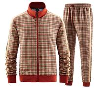 W JIANWANG Track Suits for Men Set Jogging Tracksuit Mens Sweatsuits 2 Piece Sport Plaid Jogger Sweat Suits Sports Clothes Jackets and Pants Two-piece Outfits Red JW-2701-L