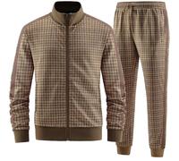 W JIANWANG Track Suits for Men Set Jogging Tracksuit Mens Sweatsuits 2 Piece Sport Plaid Jogger Sweat Suits Sports Clothes Jackets and Pants Two-piece Outfits Brown JW-2501-XXL