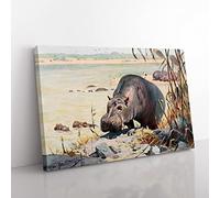 W Kuhnert Hippo Vintage Canvas Wall Art Print Ready to Hang, Framed Picture for Living Room Bedroom Home Office Décor, 76x50 cm (30x20 Inch)