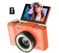 W&O Digital Camera for Photography,4k Camera with Ring Light，180° Flip Screen Camera for Vlogging with Beauty Mode,Point and Shoot Digital Cameras for Beginner with SD Card (Orange)