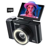 W&O Digital Camera for Photography,4k Camera with Ring Light，180° Flip Screen Camera for Vlogging with Beauty Mode,Point and Shoot Digital Cameras for Beginner with SD Card (Black)