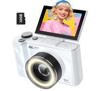 W&O Digital Camera for Photography,4k Camera with Ring Light，180° Flip Screen Camera for Vlogging with Beauty Mode,Point and Shoot Digital Cameras for Beginner with SD Card (White)