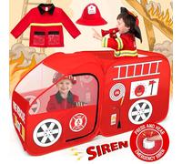 W&O Fire Truck Play Tent with Siren Button, Firefighter Hat, Jacket & Hose - Ultimate Firefighter Pop-Up Tent for Toddlers & Kids