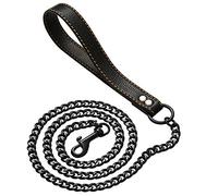 W/W Lifetime Black Dog Chain Leash Metal Cuban Link Dog Collar Chain 4.5FT 11mm Chew Proof Dogs Leash Metal with Leather Padded Handle for Large Medium Pitbull(11MM, 4.5ft)