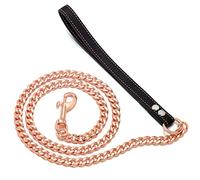 W/W Lifetime Chain Dog Leash Metal Chew Proof Leash, Leather Handle 11mm Gold 18K 4.5FT Heavy Duty Pet Leash Chain, with Padded Handle for Large Medium Small Dogs (Totally Length of 4.5FT)