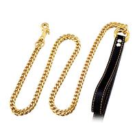 W/W Lifetime Chain Dog Leash Metal Chew Proof, Leather Handle 11mm Gold 18K, 4.5FT Heavy Duty Pet Leash Chain with Padded Handle for Large, Medium, Small Dogs