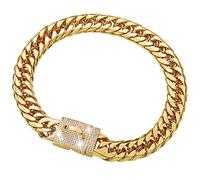W/W Lifetime Dog Chain Collar Walking Metal Chain Collar with Design Secure Buckle, Gold Cuban Link Strong Heavy Duty Chew Proof for Small Dogs(16MM, 12")