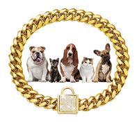 W/W Lifetime Dog Chain Collar Walking Metal Dog Collar with Bling Bling CZ Buckle, Gold Cuban Link 14MM Strong Heavy Duty Chew Proof for Small Medium Dogs (14MM, 18")
