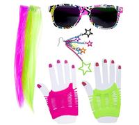 80's Girl Set - 2 Neon Hair Extensions, Earring, Gloves & Glasses - Costume