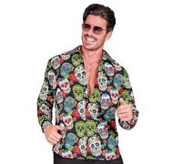 W WIDMANN MILANO Party Fashion Men's Widmann WIDMANN - Dia de Los Muertos Shirt, Black with Skulls, Day of The Dead, Mexico, Day of The Dead, Halloween Fancy Dress (Pack of 1)