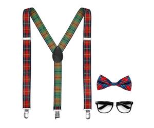 W WIDMANN MILANO Party Fashion - Nerd Accessory Set Checked | 3-piece set with nerd glasses, checked bow tie and braces - costume accessory for carnival and theme party