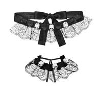 W WIDMANN MILANO Party Fashion - Skull Collar & Bracelet Set | Black Lace, 3 Skulls Each Accessory, Gothic Costume Accessory, Halloween, Carnival, Theme Party
