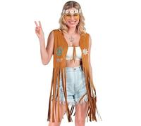 W WIDMANN MILANO Party Fashion - Women's Hippie Fringe Vest | Brown vest for festivals, carnival, theme parties, 70s flower power costume and retro outfit