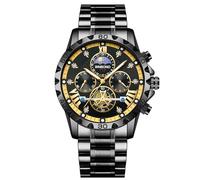W WOLF-CUB Brand Mens Business Wristwatch Fashion Stainless Steel Quartz Watches Luxury Tourbillon Man Waterproof Luminous Moon Phase Sport Clock, black&gold