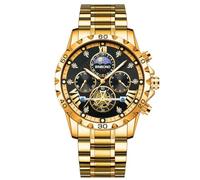 W WOLF-CUB Brand Mens Business Wristwatch Fashion Stainless Steel Quartz Watches Luxury Tourbillon Man Waterproof Luminous Moon Phase Sport Clock, gold&black