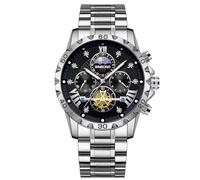 W WOLF-CUB Brand Mens Business Wristwatch Fashion Stainless Steel Quartz Watches Luxury Tourbillon Man Waterproof Luminous Moon Phase Sport Clock, silver&black