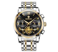W WOLF-CUB Business Watch for Man 30M Waterproof Tourbillon Moon Phase Stainless Steel Mens Watch Casual Chronograph Quartz Men's Watches, gold&black