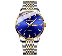 W WOLF-CUB Luxury Mens Watch Push Button Hidden Clasp Waterproof Stainless Steel Watch Men Date-Week Business Quartz Wristwatch Gifts Watch, gold&blue