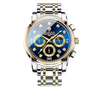 W WOLF-CUB Quartz Watch for Men Flywheel Skeleton Chronograph Moon Phase Multifunctional Stainless Steel Men's Wristwatches, gold&blue, business，moon phase