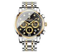 W WOLF-CUB Quartz Watch for Men Flywheel Skeleton Chronograph Moon Phase Multifunctional Stainless Steel Men's Wristwatches, gold&black, business，moon phase