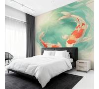 W200 X H140 cm Koi Fish Wallpaper, Wall Mural Japanese Oriental Photo Wallpaper, Non-Woven Print Wall Paper for Living Room Bedroom Art Decor, Renter Friendly D&O199
