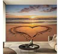 W300 X H210 cm Sunset Beach Wallpaper, Wall Mural Coastal Love Heart Photo Wallpaper, Non-Woven Print Wall Paper for Living Room Bedroom Art Decor, Renter Friendly D&O184