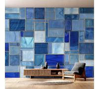 W350 X H256 cm Stained Glass Marble Wallpaper, Wall Mural Abstract Blue Geometric Photo Wallpaper, Non-Woven Print Wall Paper for Living Room Bedroom Art Decor, Renter Friendly D&O164