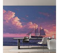 W366 X H254 cm Sunset Sailboat Wallpaper, Wall Mural Coastal Nautical Photo Wallpaper, Non-Woven Print Wall Paper for Living Room Bedroom Art Decor, Renter Friendly D&O185