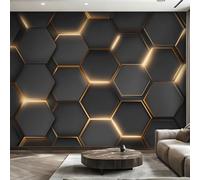 W400 X H280 cm Black Gold Honeycomb Wallpaper, Wall Mural Geometric 3D Photo Wallpaper, Non-Woven Print Wall Paper for Living Room Bedroom Art Decor, Renter Friendly D&O153