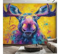 W450 X H315 cm Graffiti Reindeer Wallpaper, Wall Mural Funny Cute Animal Photo Wallpaper, Non-Woven Print Wall Paper for Living Room Bedroom Art Decor, Renter Friendly D&O158
