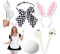 WaaRiuQ White Rabbit Costume, 5-Piece Set for Carnival and Party, Includes Bunny Ears, Gloves, Tail, Bow Tie and Brooch, White Rabbit Costume Kids